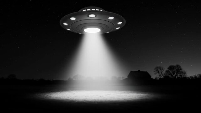 UFO flying saucer with a light beam over a rural field at night. Black and white animation for World UFO Day.