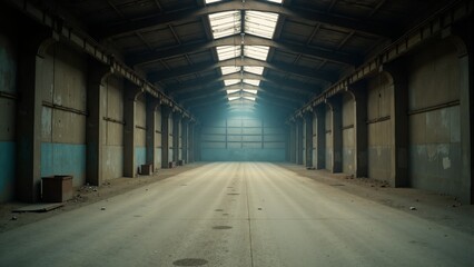 Abandoned warehouse with shafts of light piercing through dusty silence in a forgotten place