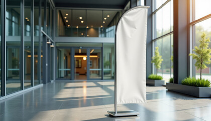Flag banner mockup. Blank flag banner mockup in modern glass office lobby