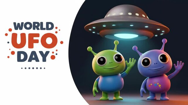 World UFO Day animation with two cute cartoon aliens waving. Friendly and colorful graphic for kids.