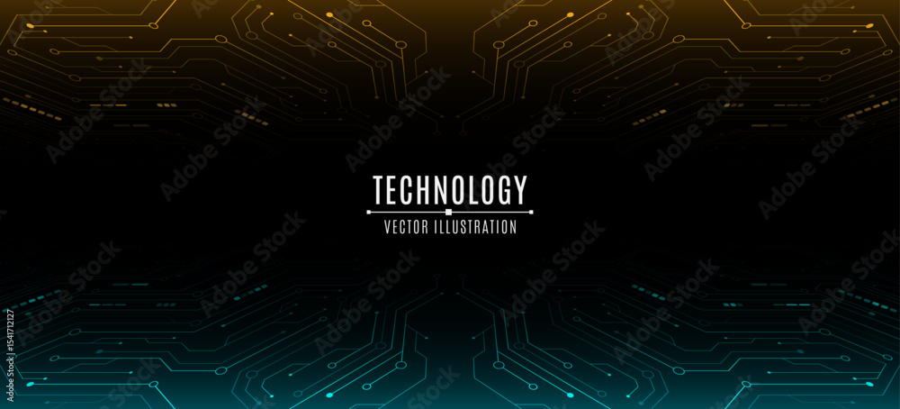 Poster technology background featuring abstract glowing circuit lines and electronics elements on black bac