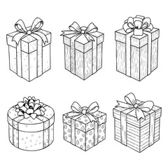 Types of Gift Boxes Hand Drawn Sketch in one Picture, on a Transparent Isolated PNG Background