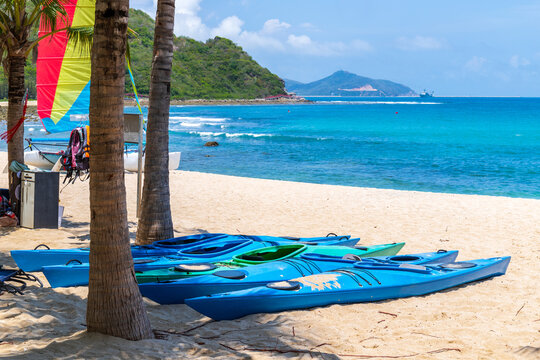 Kayaks on the beach of Xiaodonghai in Sanya, Hainan, China