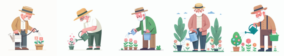 vector character grandpa watering flowers