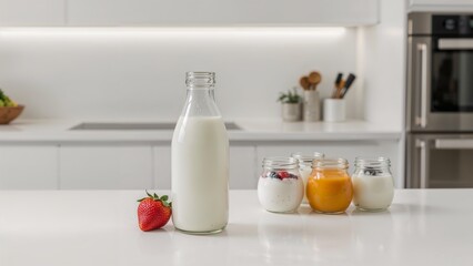 A bottle of milk with strawberry and jars on a white kitchen counter in bright modern kitchen setting