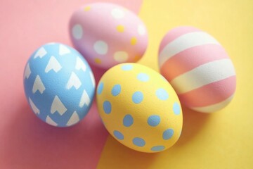 Flat lay of cute pastel and colorful cute easter eggs with on colorful background, happy easter concept