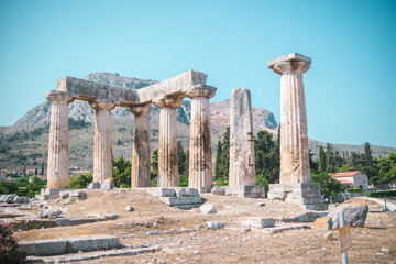 Close up view of doric temple columns in ancient Corinth