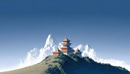 Mountain temple in vibrant landscape