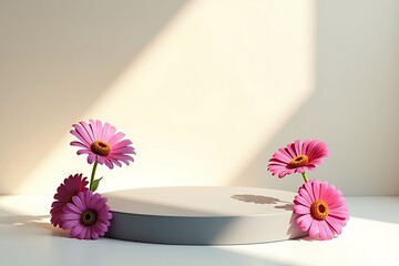 Matte gray podium with summer zinnia flowers in bloom, arranged in clean portrait layout, summer vibes background, summer vibes podium