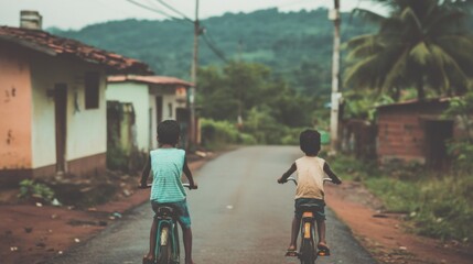 Children riding bicycles on a rural road surrounded by greenery