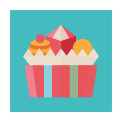Colorful illustrated cupcake decorated with abstract geometric shapes and placed on a teal background