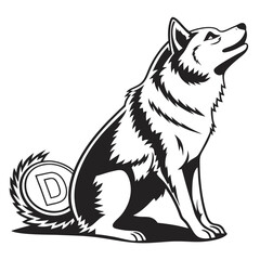 Majestic Monochromatic Canine Mascot Howling Upward with Coin Featuring Letter D Emblematic Graphic Design Illustration