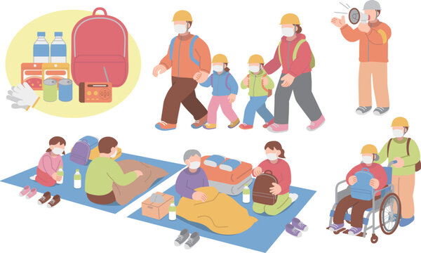 避難所に避難する人物イラストセット