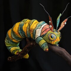 Colorful, textured caterpillar sculpture.  Detailed, hand-crafted, with vibrant stripes and spots, resting on a branch