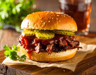 Smoked Brisket Sandwich with Pickles and BBQ Sauce