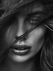 Fototapeta premium Conceptual black-and-white close-up of woman half hidden by sheer veil. AI-generated.