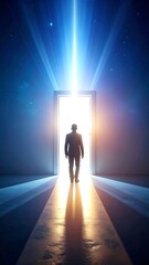 Man walks towards bright door.