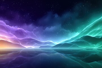 Colorful, ethereal mountain range reflecting in water at night
