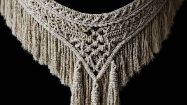 Detailed macrame wall hanging with intricate knotwork design on a dark background