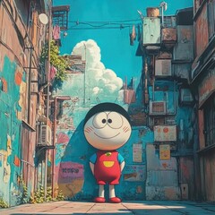 A cartoon character stands in a vibrant alleyway