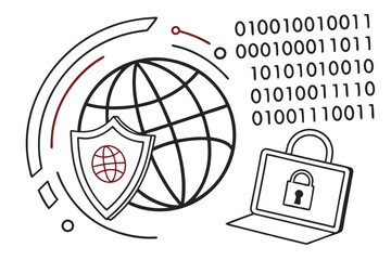 Conceptual Illustration of Cyber Security Safeguarding Digital Networks and Information with Globe Shield and Binary Code Representing Online Protection