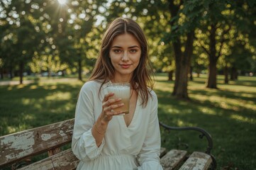 Woman in white dress holding a drink sitting on a bench in a park with trees in the background