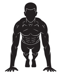 Flat black vector silhouette of a man holding plank position, front view with full body straight and strong, symbolizing core strength and stability