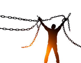Silhouette of Man Breaking Chains with Arms Raised at Sunset, freedom concept, isolated on transparent background