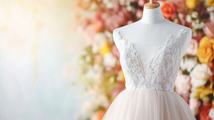 Elegant bridal gown showcased against a floral backdrop in a bright setting