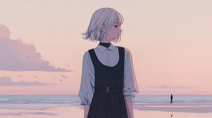 Fototapeta premium 淡いパステルカラーの夕暮れと若い女性 エモい風景