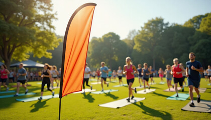 Flag banner mockup. Orange flag banner mockup at outdoor fitness event