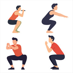 Fitness Squat Exercises Vector Set - Collection of Male Athletes Performing Various Squat Workouts for Leg Strength and Body Training