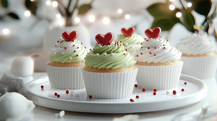 Delicious cupcakes with green and white frosting topped with red hearts and sprinkles, perfect for celebrations and special occasions