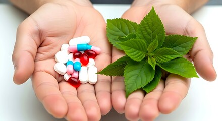 Man's hands holding green plant and medication pills. Herbal and pharmaceutical nature versus medicine concept. Wellness and healthcare