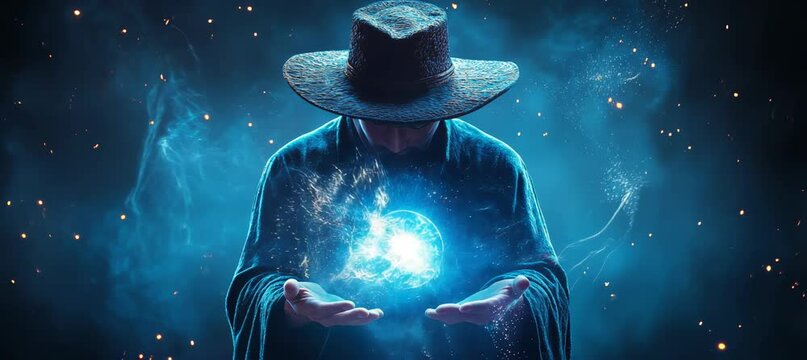 A witch magician using spell magic blue power energy. Generative AI technology.