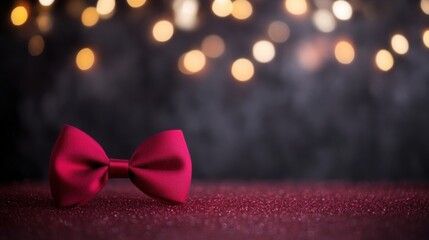 Red bow tie on a glittering surface with festive lights in the background