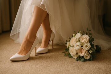 Bride in white high heels standing near pastel rose bouquet on carpet in wedding dress