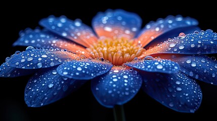 Fototapeta premium Close-up of a vibrant blue and orange flower with water droplets on a black background