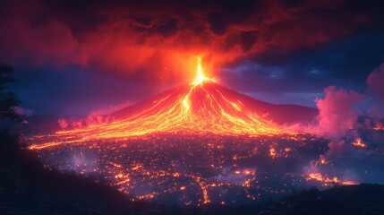 Volcano Eruption with Lava Flow Illuminating the Night Sky
