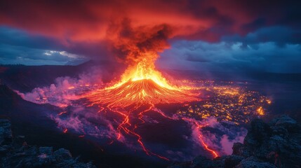 Volcano Eruption at Night with Lava Flow and Dramatic Sky