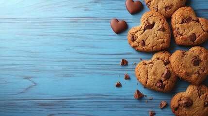 Fototapeta premium Heart-shaped cookies on a blue wooden surface with chocolate pieces nearby