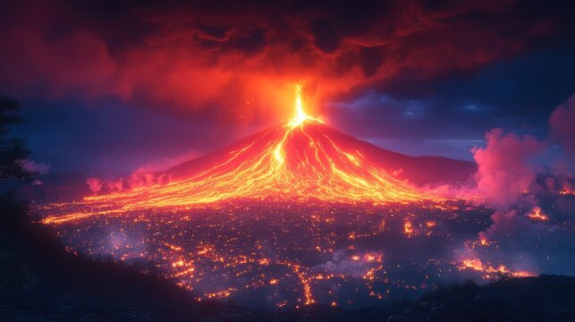 Volcano Eruption with Lava Flow Illuminating the Night Sky - Powered by Adobe