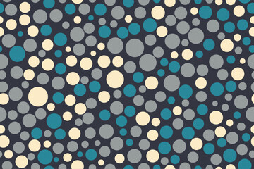 Colorful circles seamless pattern with playful round shapes in soft beige and blue tones on a dark background for abstract design and decoration