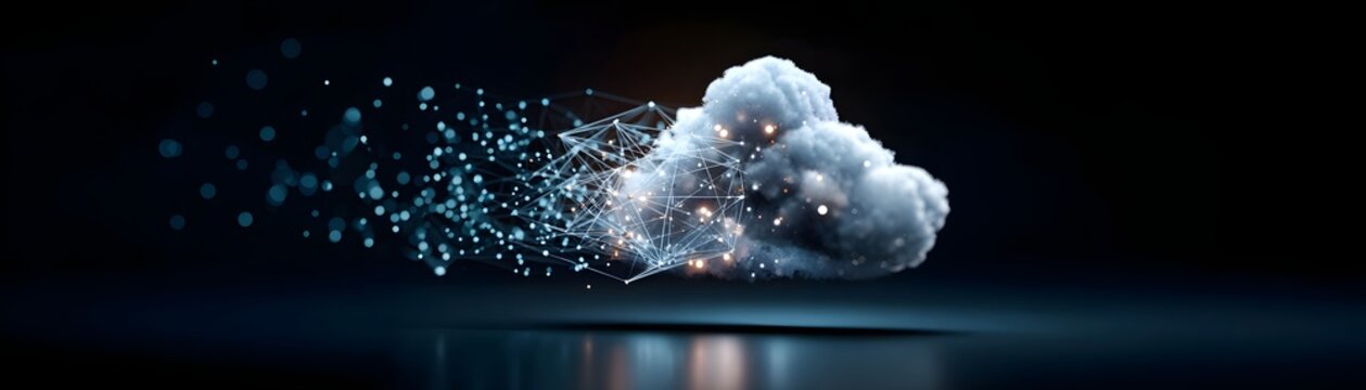 Against a futuristic backdrop, a digital cloud hovers above a healthcare setting, symbolizing the integration of cloud computing technology in managing health data. The image highlights innovation