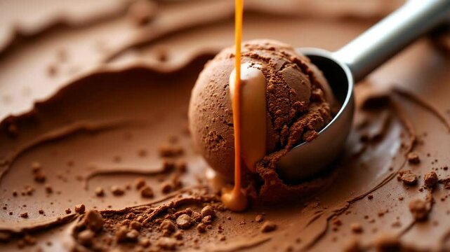 A close-up of a scoop of rich chocolate ice cream in a metal scooper, resting on a smooth surface of more chocolate ice cream.