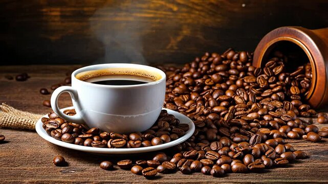 Cup of coffee and coffee beans. Selective focus. Drink.