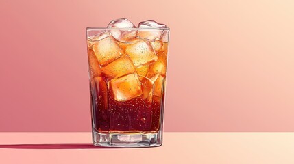 Pixel Art Illustration of Refreshing Beverage with Ice Cubes on Gradient Pink Background
