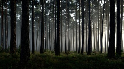 Dense pine forest dawn fog rising between tall trunks layered greenery soft sunlight filtering through canopy human eye view capturing moody wilderness scenery cut out isolated transparent background
