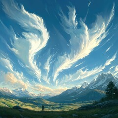 Vast, ethereal clouds paint a dramatic sky above a serene mountain valley. A lone figure stands at the valley floor, gazing upward