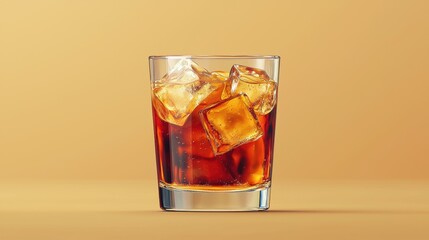 Refreshing Dark Brown Soda with Ice Cubes in a Glass on a Light Brown Background for Adobe Stock Photo